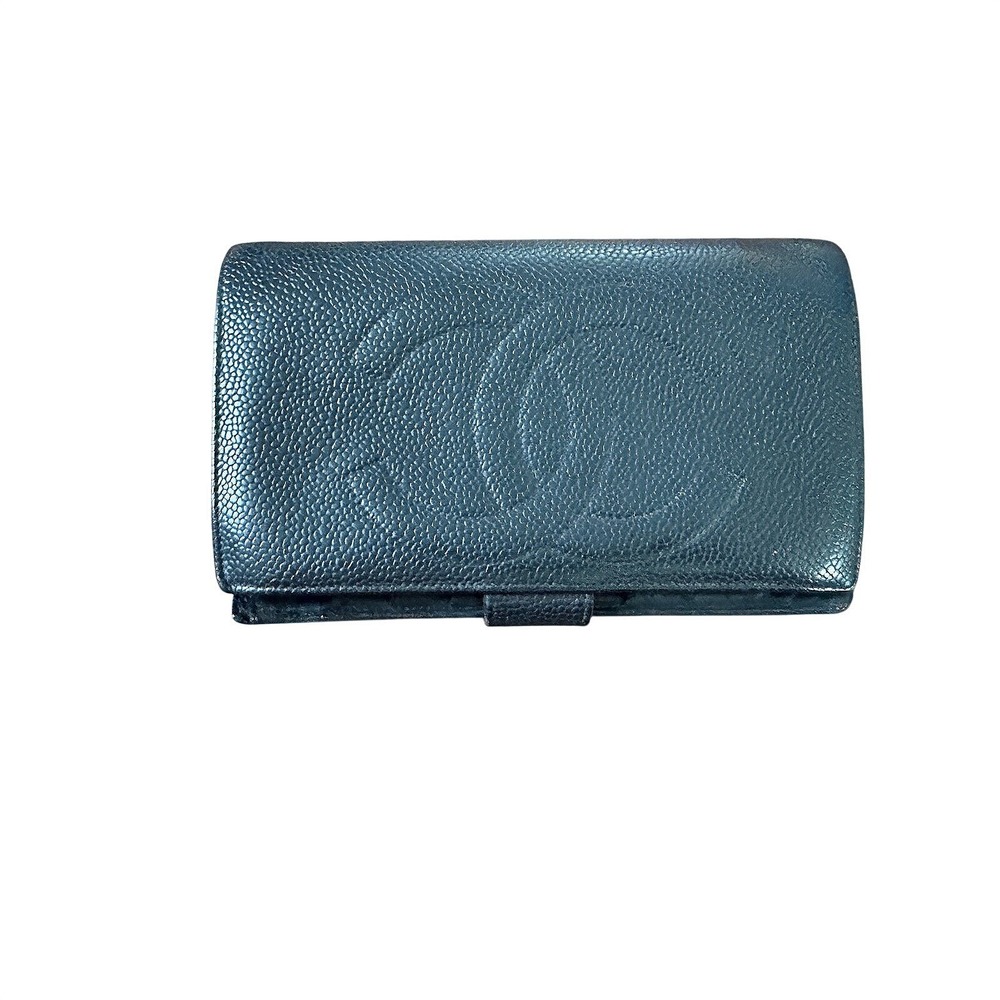 Chanel Vintage Black Caviar Leather CC Logo Long Bifold Wallet Gold Hardware
